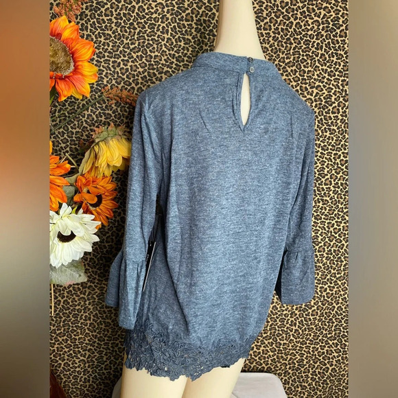 🌴3/$30🌴DOE & RAE Denim Grey Mock Neck Bell Sleeve Ruffle Trim Top NWT - Picture 7 of 11